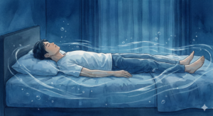 夜のフットサルコートで膝に手をつき、激しく息を切らしている30代男性。動悸や体力の限界を感じ、不安げな表情。