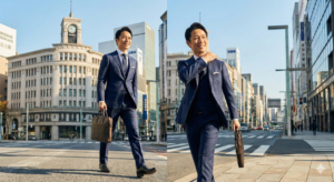 銀座を姿勢良く颯爽と歩く30代男性ビジネスマン。自信に満ちた笑顔で、活力にあふれている様子。