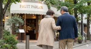 姿勢が良くなり、夫と同じ歩幅で銀座の街を楽しそうに歩く60代〜70代の夫婦の後ろ姿のイラスト。術後の痛みを克服し、セカンドライフを満喫している様子。