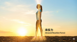 足元から上方向へ突き上げる「床反力 (Ground Reaction Force)」を示す光の矢印の図解。