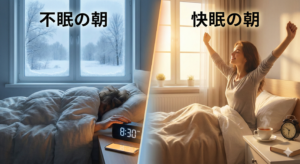 冬の朝に眠れず疲れた表情で目覚める様子と、光を浴びて快適に目覚める様子を対比したイラスト。睡眠の質の違いを示している。