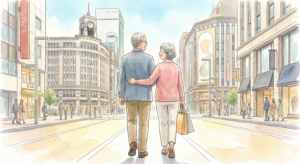 姿勢が良くなり、夫と並んで銀座の街を颯爽と歩くシニア女性の後ろ姿。セカンドライフを楽しむ様子。
