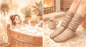左側は湯気の立つ温かいお風呂に浸かってリラックスする女性のイラスト、右側は暖炉の前で厚手のニットのレッグウォーマーと靴下を履いて足元を温めているイラスト。