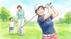 膝や腰の痛みから解放され、笑顔でゴルフのスイングを楽しむアクティブな60代女性