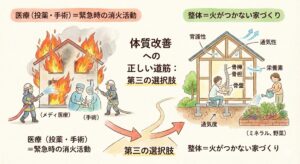 医療(投薬・手術)を「緊急時の消火活動」、整体を「火がつかない家づくり」と比喩し、体質改善への「第三の選択肢」としての整体院の役割を説明する図解イラスト。