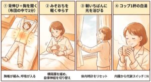 冬の朝に目覚めるための4つのセルフケア手順を示す4コマ漫画風イラスト。1.布団の中で背伸びをして胸を開く、2.みぞおちを軽く揺らす、3.窓際で朝の光を浴びる、4.コップ1杯の白湯を飲む様子が温かい雰囲気で描かれている。