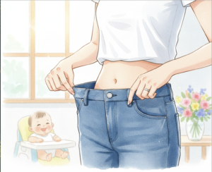 ジーンズのウエストをつまみ、サイズダウンを実感する女性のイラスト