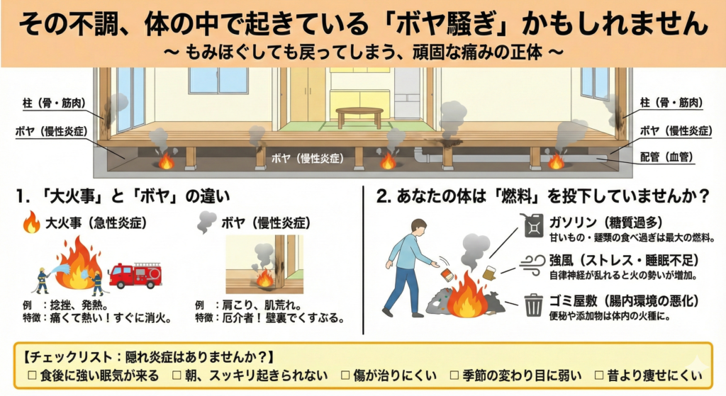 慢性炎症（ボヤ）と急性炎症（大火事）の違いと原因・対策を解説した図解。家の床下のボヤを慢性痛、大火事を急性痛に例えたイラスト。糖質過多やストレスなどの「燃料」、整体と栄養療法による「消火・修復」のアプローチ説明。