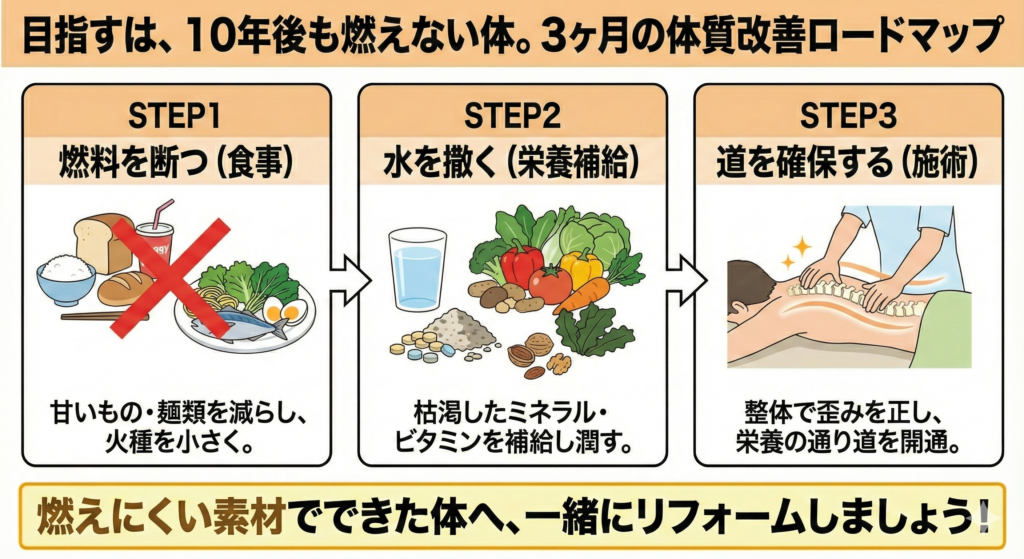 10年後も燃えない体を作る3ヶ月の体質改善ロードマップ図解。STEP1：食事で燃料（糖質）を断つ、STEP2：栄養（ミネラル・ビタミン）で水を撒く、STEP3：整体施術で栄養の通り道を確保する、という3つの流れをイラストで解説。