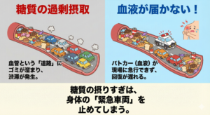 糖質の過剰摂取による血管への悪影響を説明した図解。左側は「糖質の過剰摂取」により、血管という「道路」にゴミ(菓子類)が溜まり渋滞が発生している様子。右側は「血液が届かない!」として、渋滞でパトカー(血液)が急行できず、肩の痛みを訴える人に届かない様子を描写。「糖質の摂りすぎは、身体の『緊急車両』を止めてしまう」と警告している。